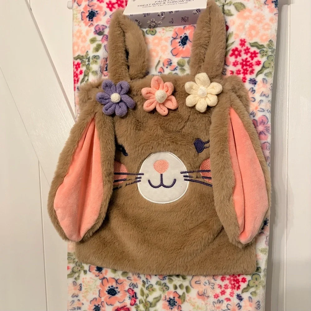 Easter Bunny Plush Bag and Floral Fleece Blanket Throw Gift Set Spring